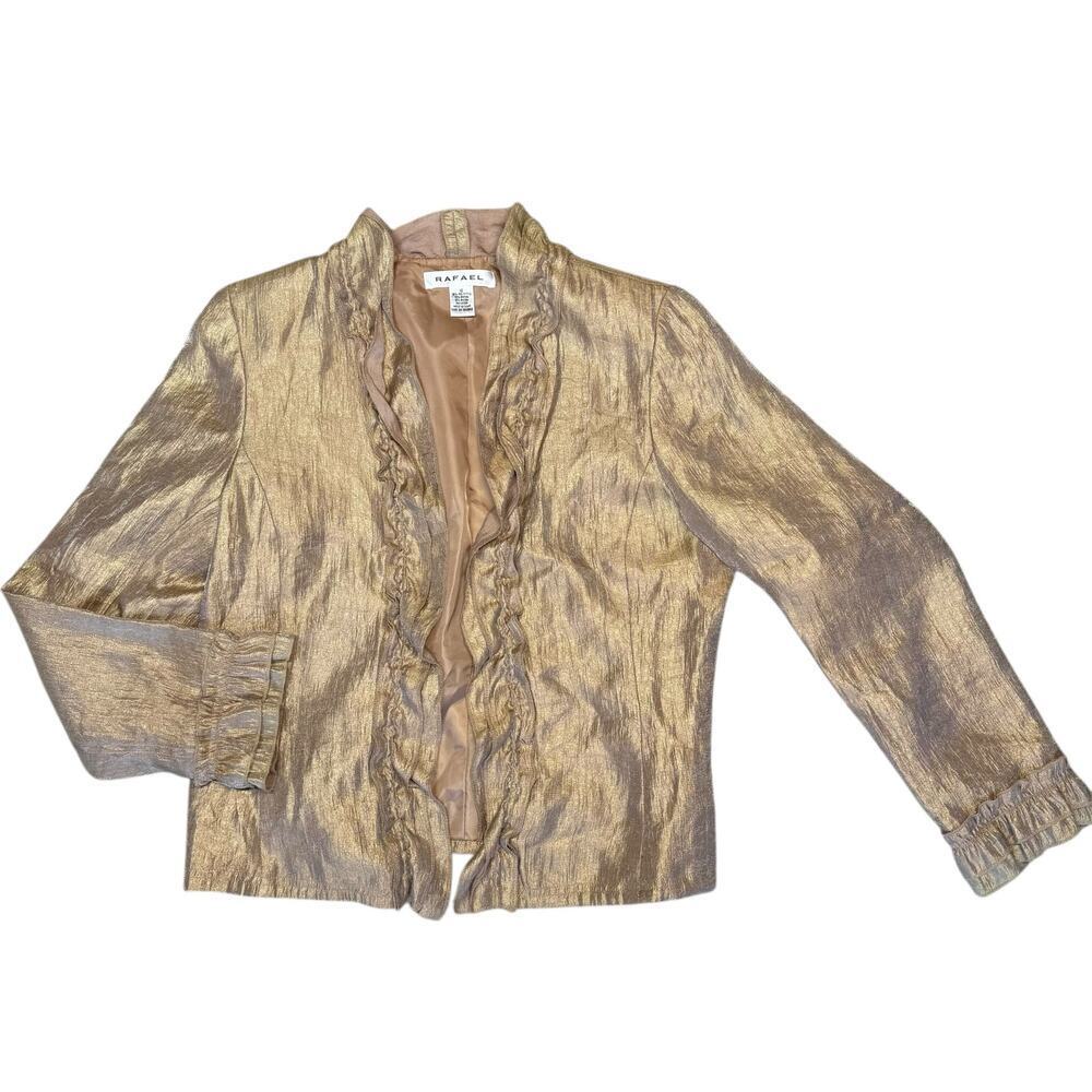 Rafael Y2K Metallic Shimmer Gold Crinkle Ruffle Front Open Jacket Size 12